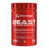 A red container with white text featuring Galvanize Nutrition’s Beast The Pre-Workout 300g by Galvanize Chrome in a refreshing Mango Sorbet flavor.